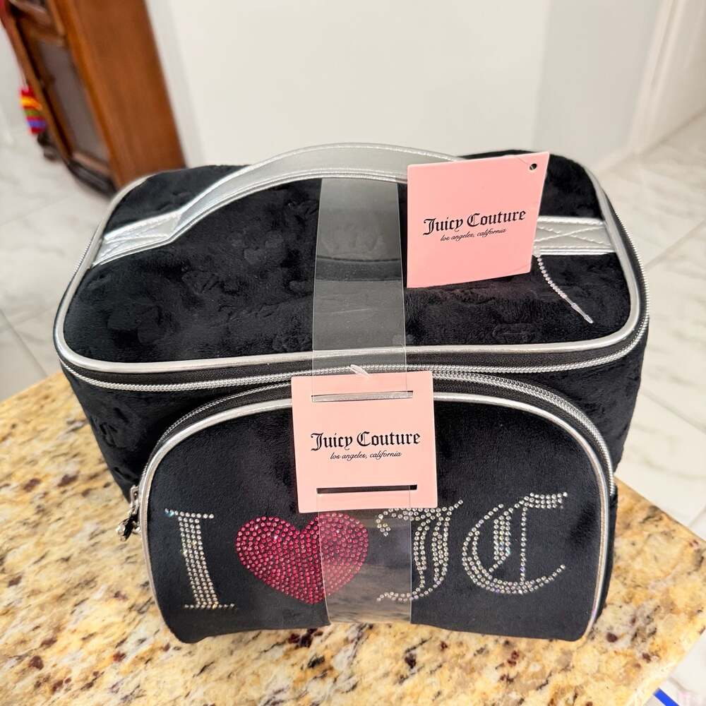 Juicy Couture Black Velour I Love JC Rhinestone Cosmetic Train Case Set - Picture 8 of 9
